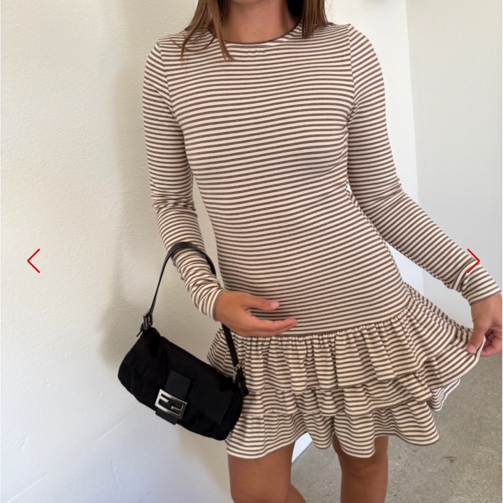 NWT Lisa Says Gah Colette Mini Dress - brown Striped Ruffle-Hem Dress